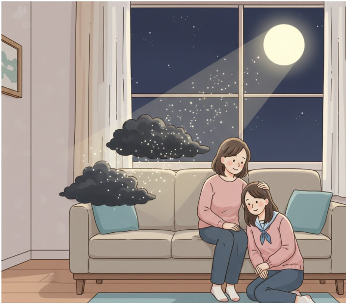 夜、リビングで母親が成長した娘の肩に手を置き、寄り添って座っている。窓の外には満月が輝き、親子の新しい関係性と、反抗期を乗り越えた後の穏やかで希望に満ちた未来を表現している。