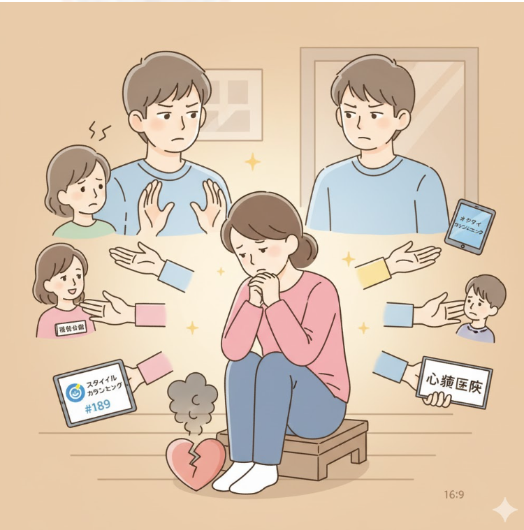 疲弊し、心を閉ざしている母親の周りに、スクールカウンセラー、教育相談所、児童相談所、精神保健福祉センター、オンラインカウンセリング、心療内科など、多様な相談窓口の選択肢が示されており、親が一人で抱え込まずに専門家へ相談する重要性を表現