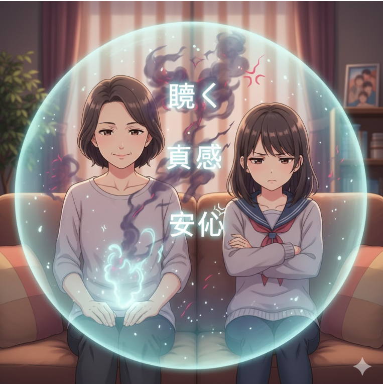 不機嫌な表情の娘の隣で、落ち着いた表情で座る母親。母親の周りには「聴く」「共感」「安心」という言葉が書かれた光のシールドがあり、反抗期の子どもに対して親が取るべき「傾聴」の姿勢と、それがもたらす安心感を示している