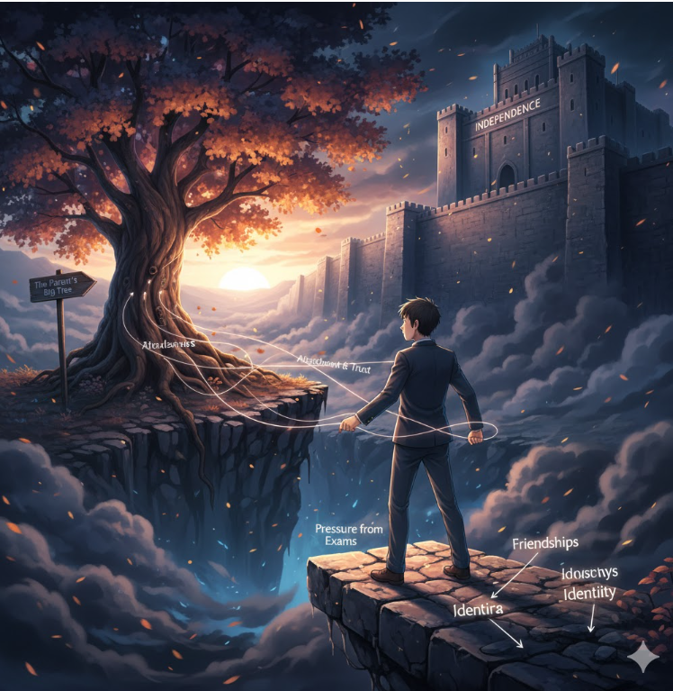 - 断崖絶壁に立つ高校生が、手前にそびえる親の象徴としての大きな木と、遠くに見える自立の城の間で綱渡りをしている様子。反抗期の心理的葛藤と自立への欲求を表す。