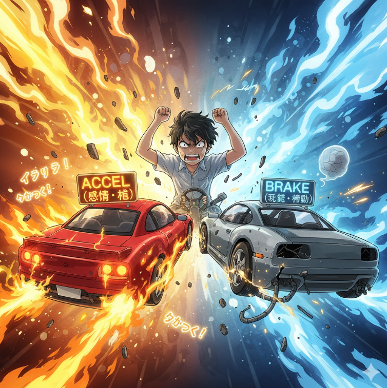 感情を表す炎のアクセルカーと、理性を表す氷の壊れたブレーキカーを操縦する高校生。高校生の脳内で感情と理性のバランスが取れていない状態を表現。