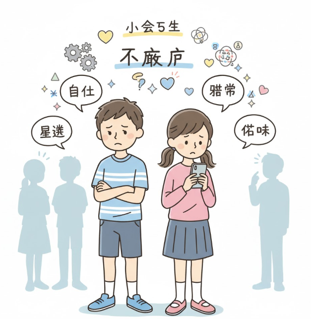 中間反抗期の小学5年生の男女が、それぞれ内面に複雑な感情や思考を抱えている様子を表現したイラスト。