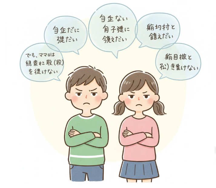 腕を組んで不満そうな表情の小学5年生の男女が、心の中で親への反発や自立したい気持ちを抱えているイラスト