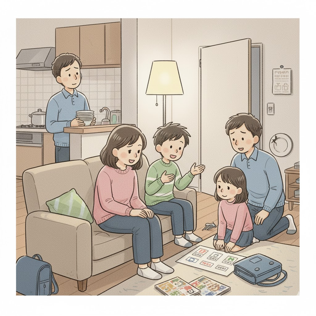家族がリビングに集まり、穏やかな表情で話し合い、子どもの意見に耳を傾けている様子を描いたイラスト。