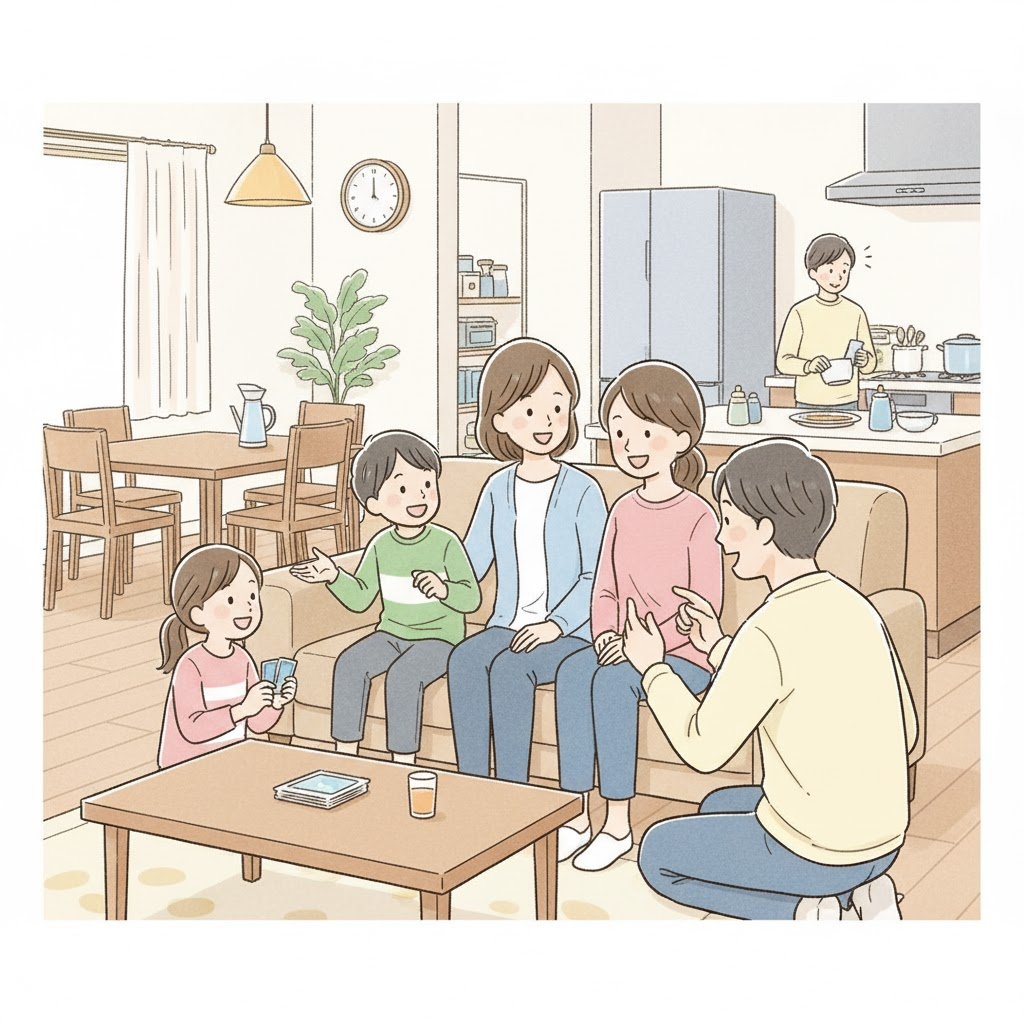 親が友人や家族と談笑したり、一人で趣味に没頭したりしてリフレッシュしているイラスト