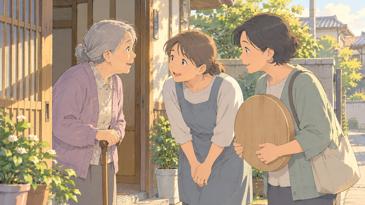 高齢の女性の話を聞き、班長の仕事を引き受ける近所の人たち