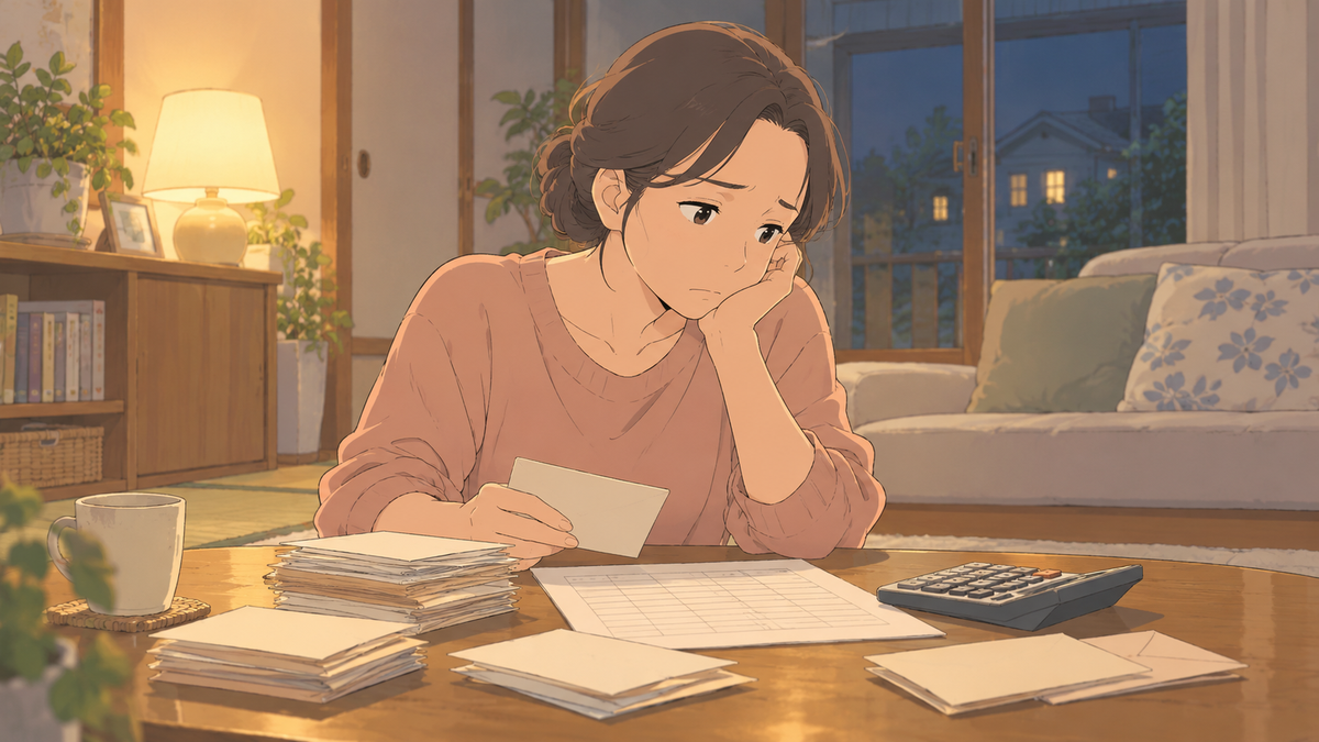 夜の居間で集金袋とチェック表を前に考えこむ女性