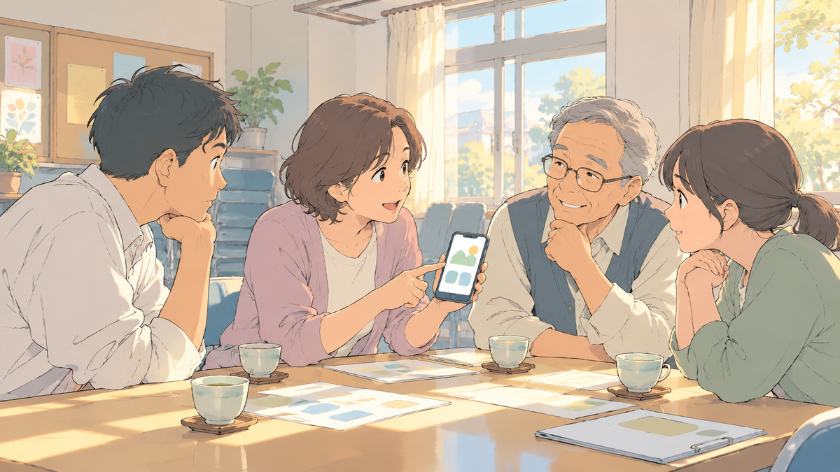 集会所で、スマホの画面を見せながら集金方法を話し合う住民