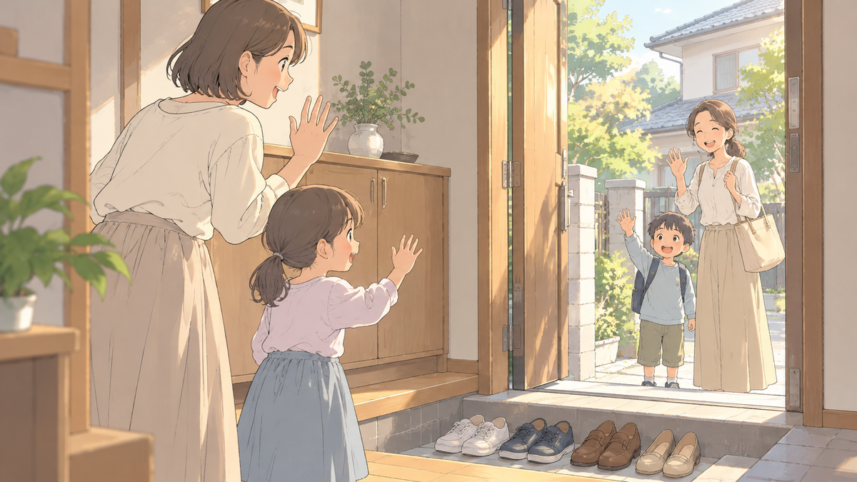 玄関で、近所の親子に笑顔で手をふって見送る母親