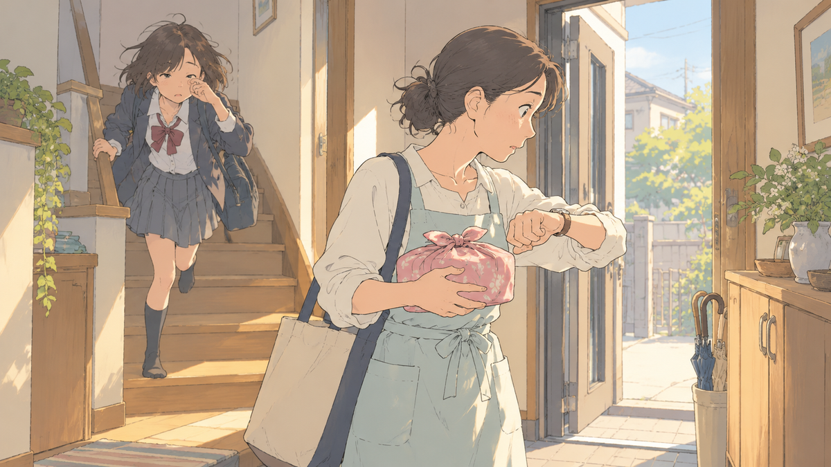 朝の玄関で、お弁当を持って時計を見ながら娘を待つ母親