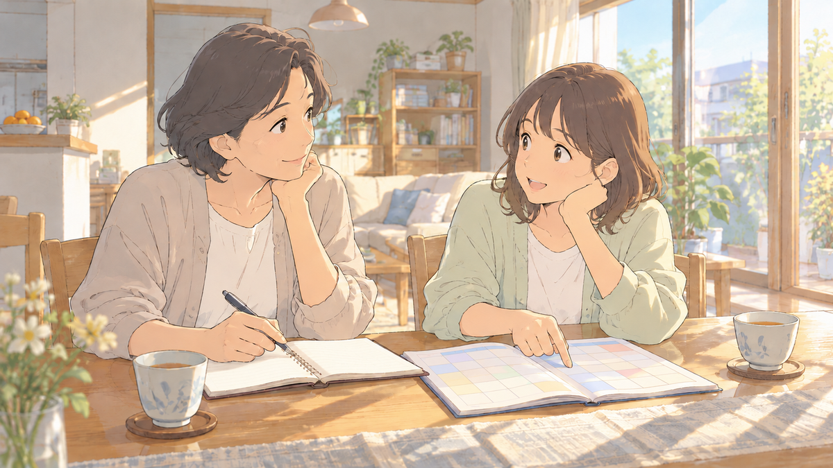 休日のダイニングで母と成人した娘がノートを見ながら家事の分担を話し合う