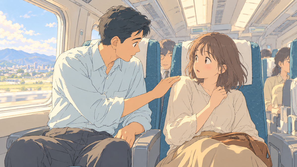 新幹線で寝ている隣の人に声をかける男性