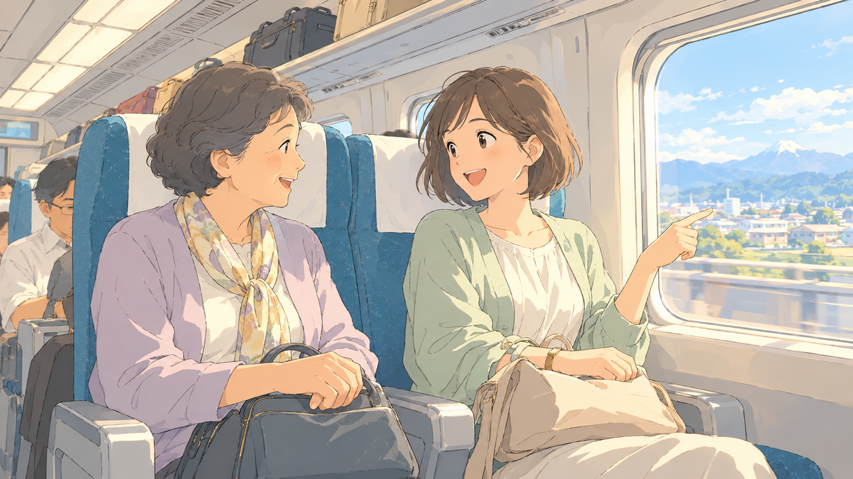 新幹線で隣の人に降りる駅を伝える女性