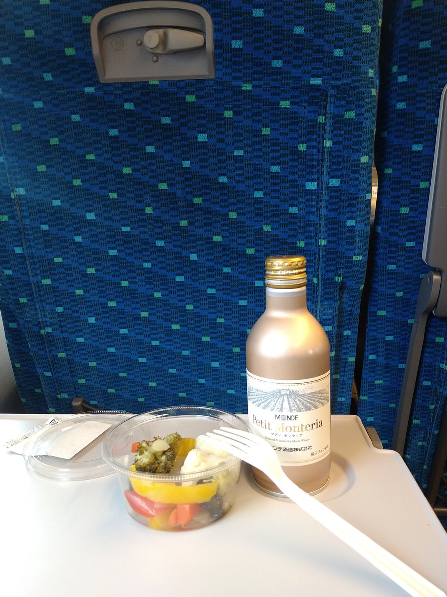 新幹線のテーブルに置いたサラダとワイン